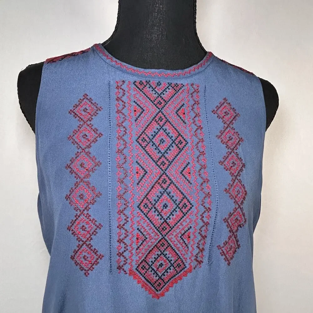 Madewell 100% Silk Boho Geometric Embroidered Shift Dress Blue Red Size L - Picture 3 of 10